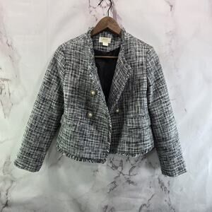 Anthropologie Blazer Women 4 P Black White Tweed Fringe Crop Boucle Pearl Maeve